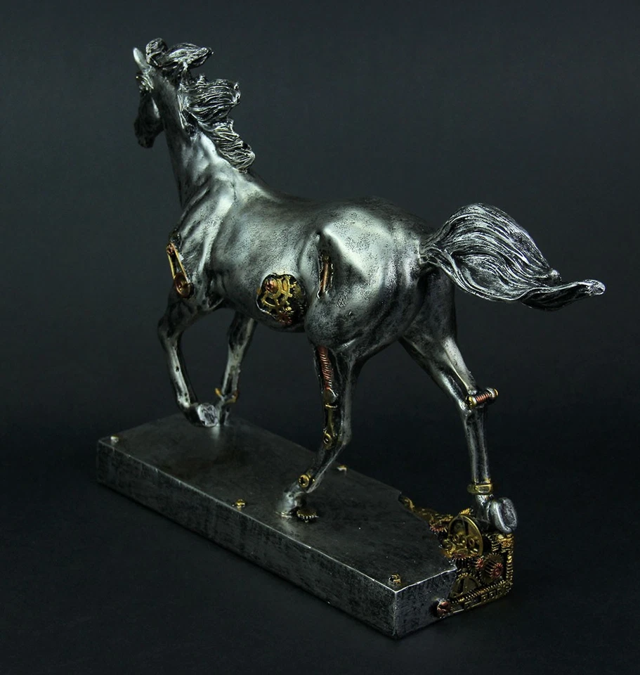 Estatua de caballo Steampunk Zeckos Steam Stallion metálica plateada corriendo Foto 3 de 3