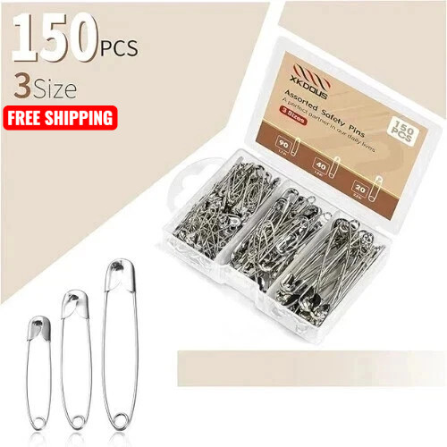 Safety Pins - 150 PCS Safety Pins Assorted - 3 Different Sizes - Silver