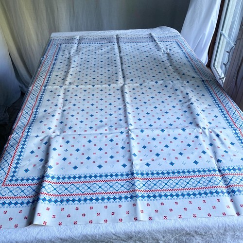 Vtg Oilcloth Tablecloth 40x54" Waterproof White Blue Red Nordic Scandi Norwegian - Picture 3 of 14
