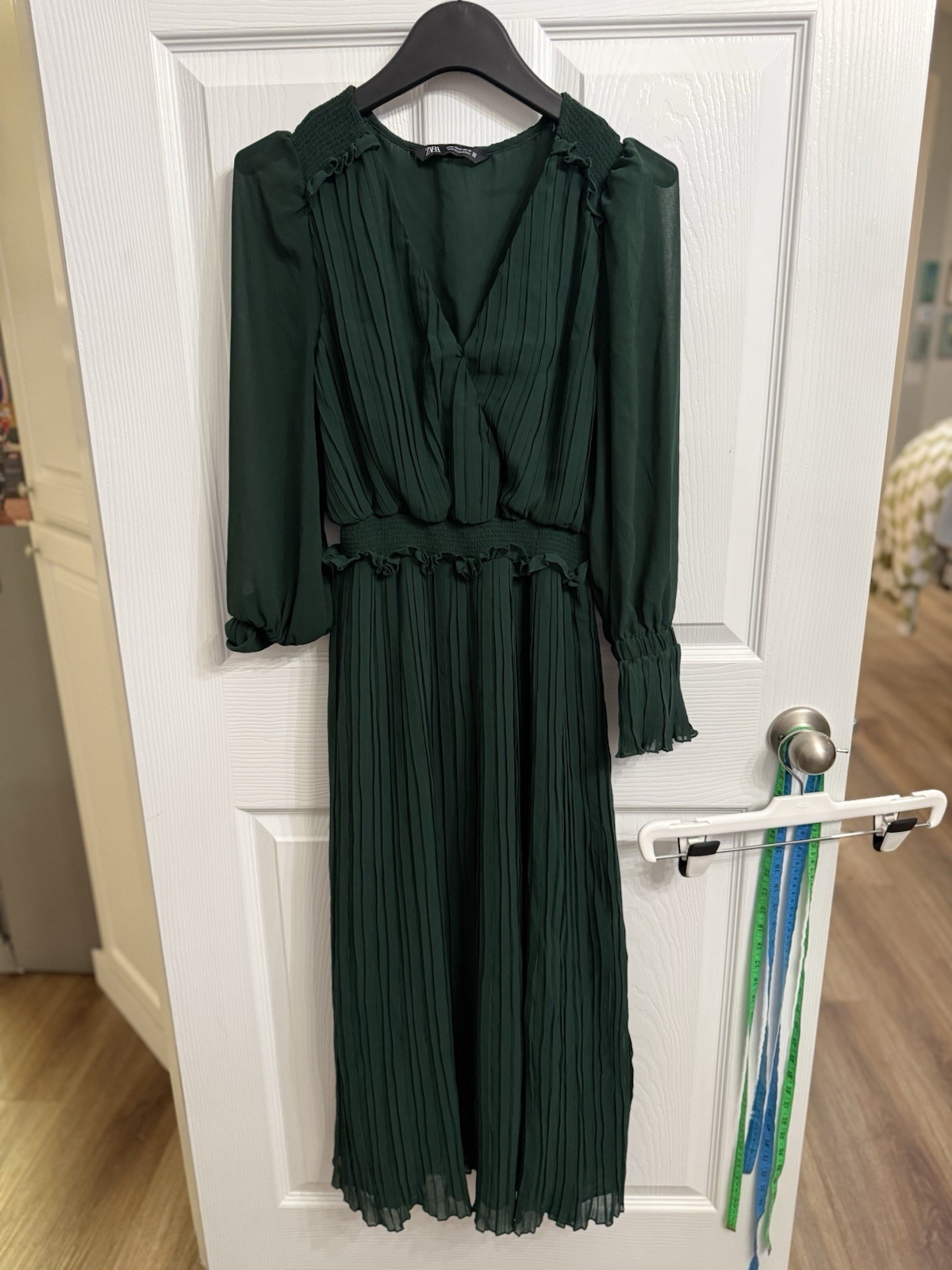 Zara Forest Green Pleated Midi Dress Smocked Waist Sheer Sleeves M thumbnail 2