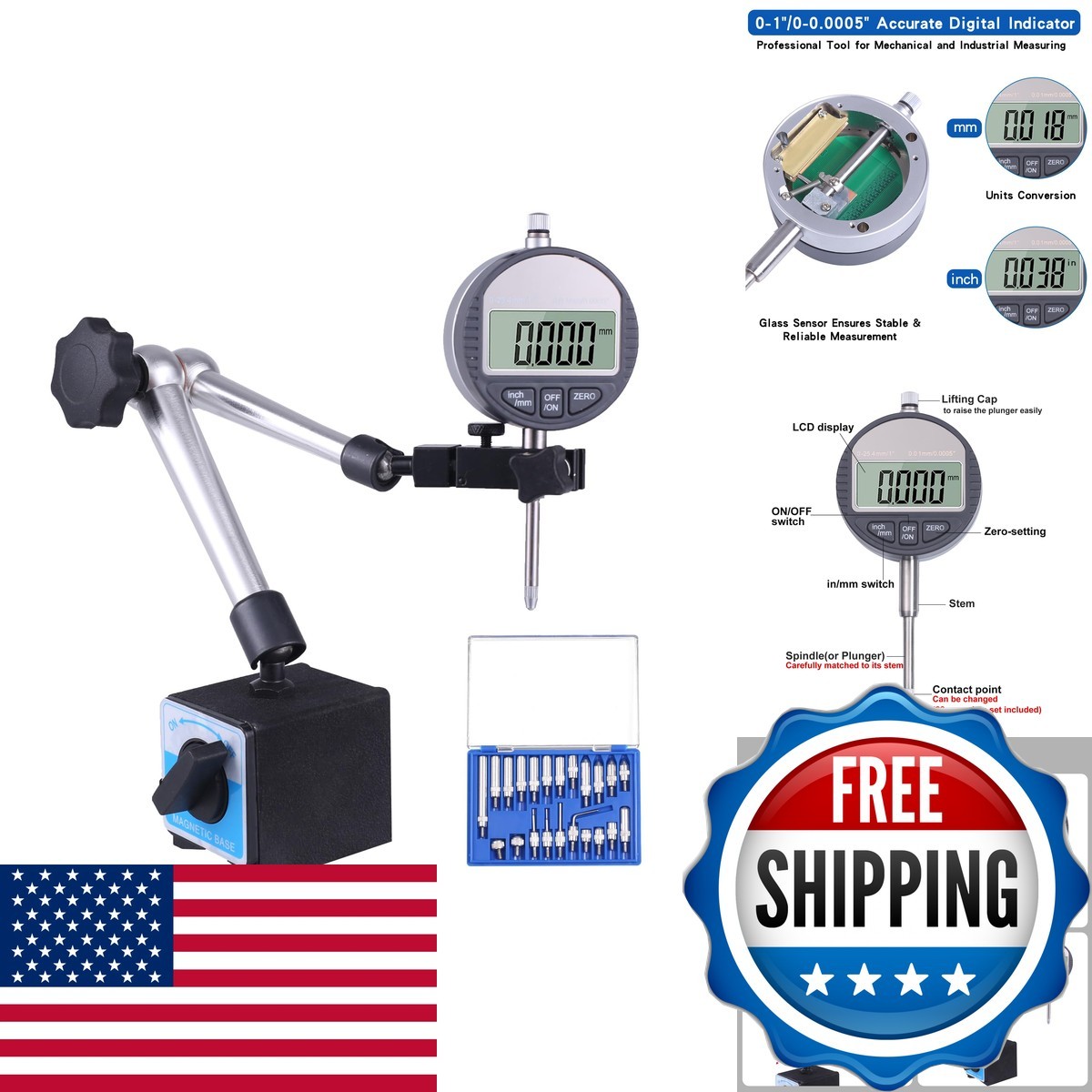 Qnkaa Electronic Digital Dial Indicator 0-1" / 25.4mm