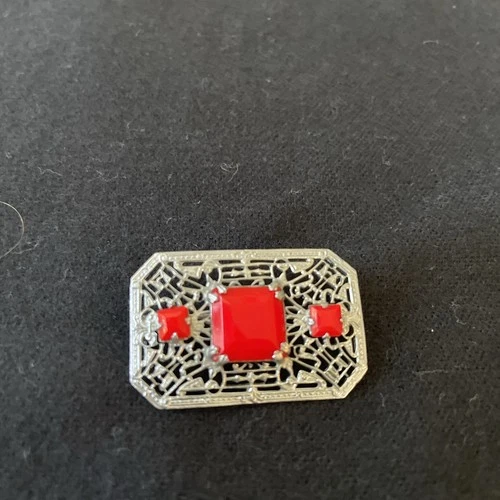 Antique Costume Jewelry Pin, Silver Metal with Red stones. Art Deco Era.