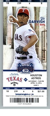 Houston Astros vs Texas Rangers 4/12/2014 Full Ticket - Yu Darvish
