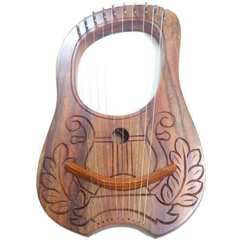 CC Engraved Lyre Harp Sheesham wood 10 Metal Strings Free Carrying Case + Key - Afbeelding 1 van 1