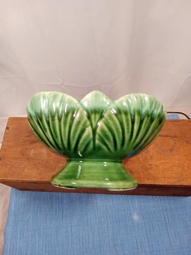 Vintage Hull GREEN Blue DRIP Fancy Oval Pedestal Planter w LEAF MOTIF MCM