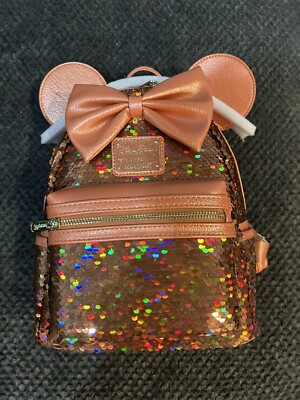 Loungefly Disney Minnie Mouse Sequined Mini Backpack Peach Punch NWT