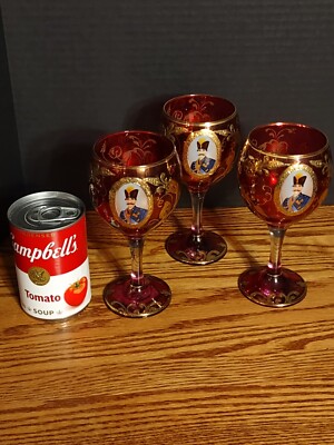 3 vintage Naser Al-din Shah Qajar Persian Czar red / gold wine glasses.
