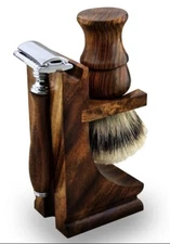 Handmade Wood 3PC Shaving Set For Men Brush Safety Razor Storage Display Stand