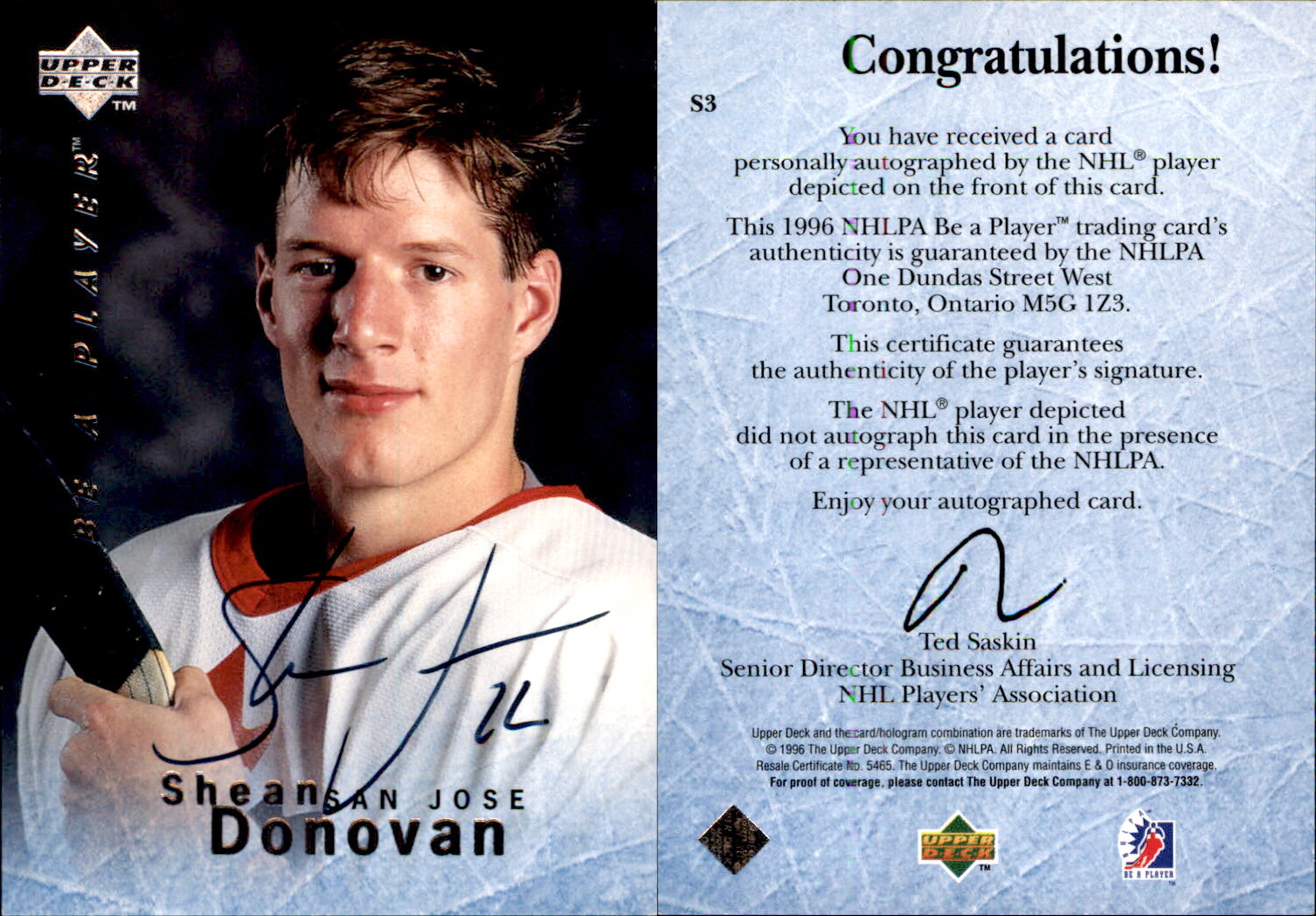 Shean Donovan 1995 Upper Deck Be a Player Auto AU #S3 Card San Jose Sharks