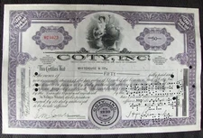 Stock certificate Coty International Corp., Payee Whitehouse & Co 1939