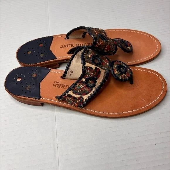 JACK ROGERS Vera Bradley Navajo Tapiz Cuero Azul Marino Tanga Sandalias Talla 8 Foto 4 de 4