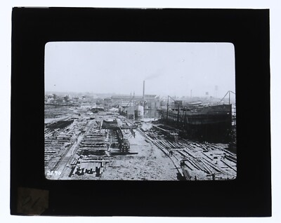 Unknown Ship Building Yard Antique Glass Magic Lantern Slide Cranes Boats #1