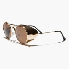 Gold Steampunk Sunglass with Folding Side Shields Brown Lens - Bram
