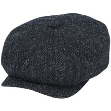 Men's Flat Cap Genuine Harris Tweed Wool Herringbone Cap - Black-Charcoal
