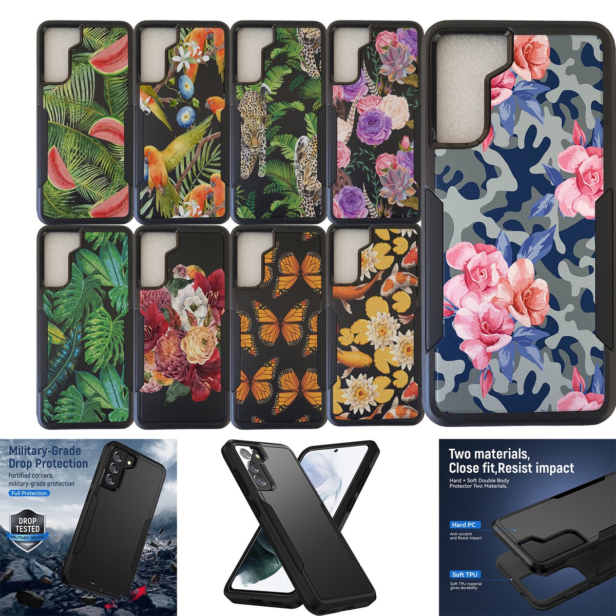 For [Samsung Galaxy S21][DUAL TACTICAL][Hybrid Two Piece Case] Floral Cover - Main Image
