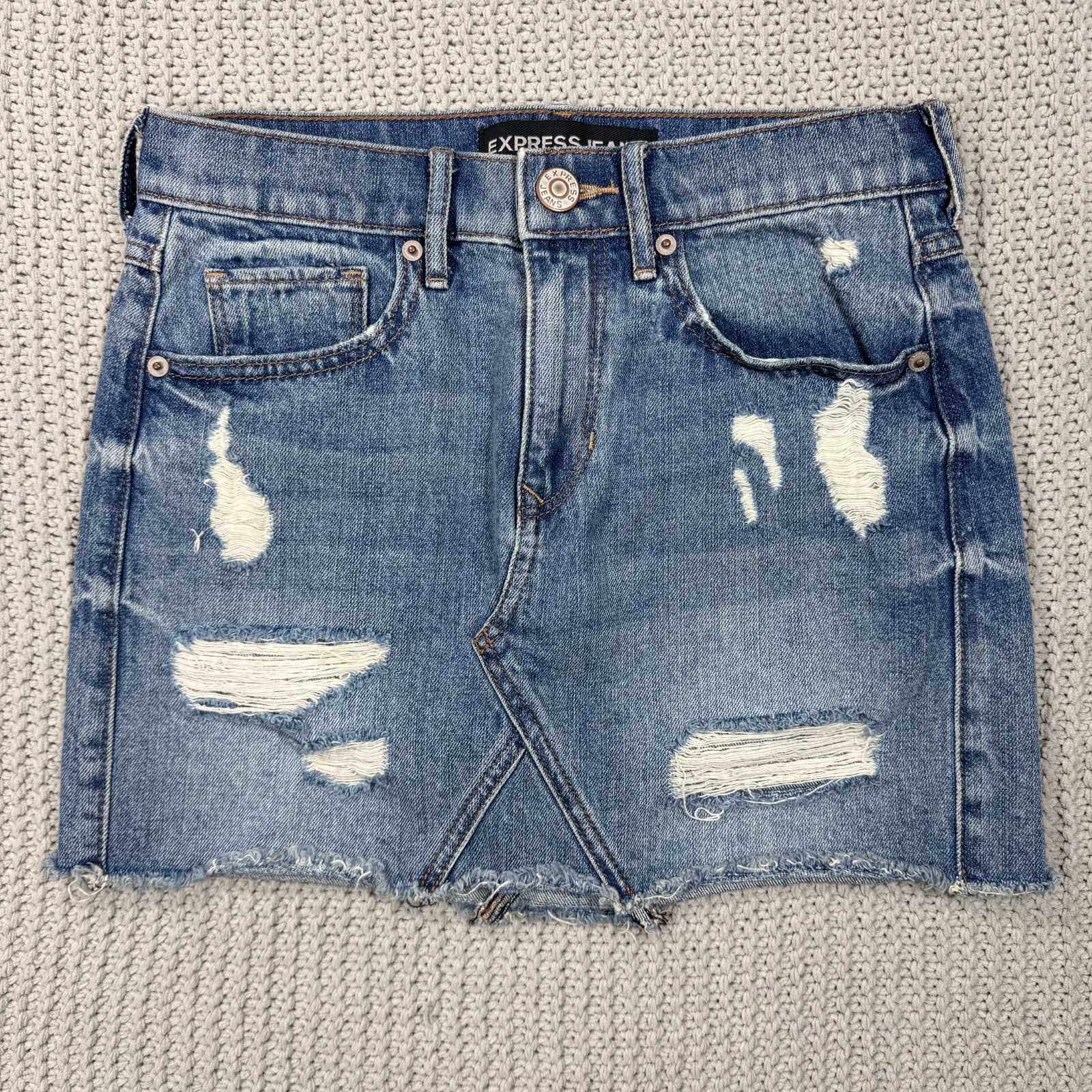 Express Denim Mini Skirt 0 Distressed Thrashed Boho Festival Grunge Street Y2K