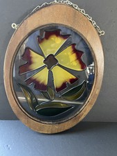 Vtg. Wooden Framed Stained Glass Acrylic Suncatcher Flower Overlay Cottagecore