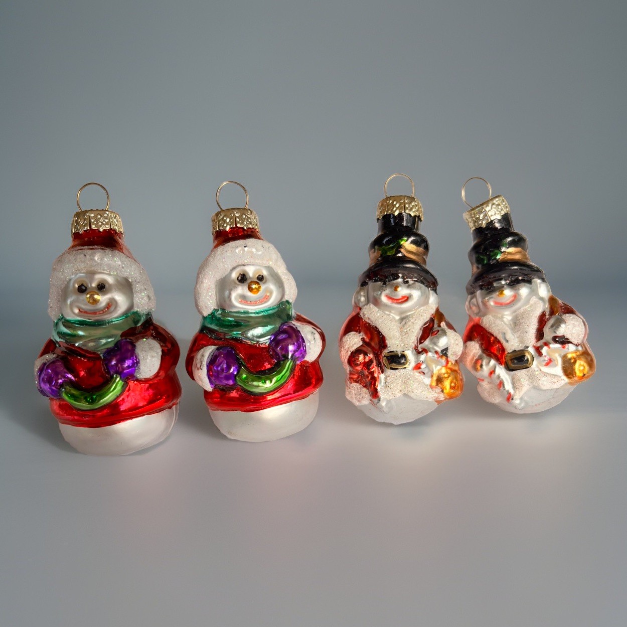Vintage Glass Glitter Snowman Christmas Ornaments 2” Lot of 4 Holiday Tree Decor