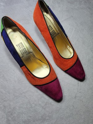 Vtg Rush Hour Express Pumps Women 6.5B Multi Color Suede Retro 90s Color Block