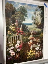 Original Oil Painting Garden And Beach Scene Signed Rosen 24” X 36” Impression