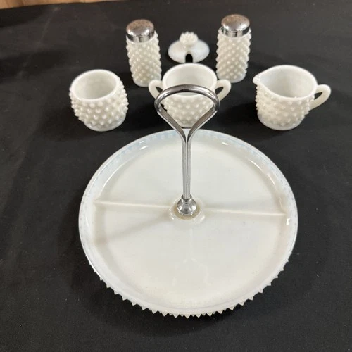 Vintage Fenton Hobnail White Milk Condiment Set Tray Sugar Cream Jam Salt Pepper