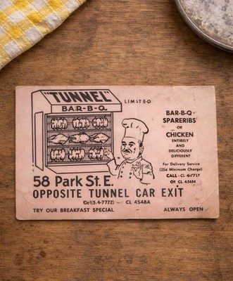Tunnel Bar-B-Q Limited Advertising Card Windsor Canada BBQ Restaurant Ephemera