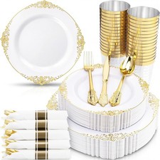 350PCS Gold Plastic Plates - Gold Plastic Dinnerware Sets for 50 Guests - 100 Di