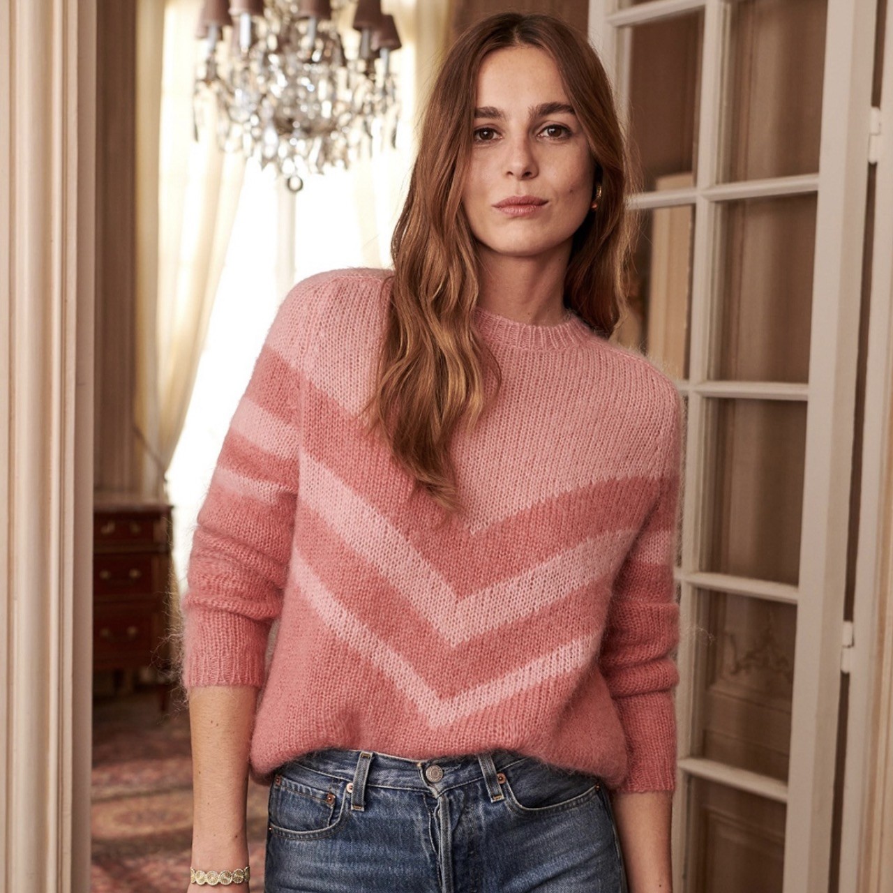 Sezane Joy Pink Chevron Jumper, Size S, RRP £115