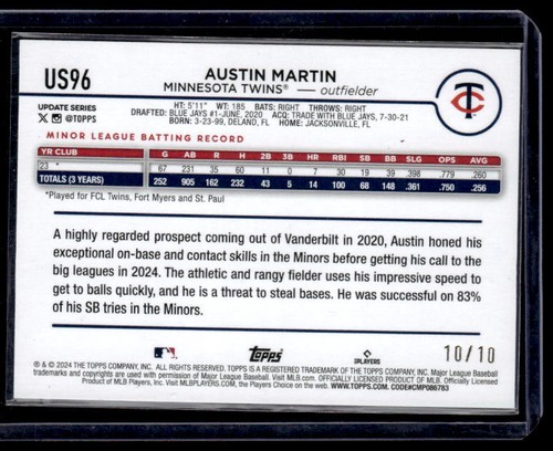 Austin Martin 2024 Topps Update Holiday Black Cats /10 #US96 Minnesota Twins - Picture 2 of 2