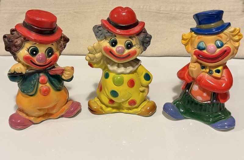 Lot of 3 Vintage Hard Plastic Smiling Hobo Clown Coin Banks Hong Kong