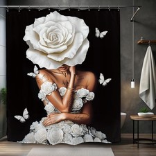 African American Black Girl Woman Shower Curtain 60Wx72L Inch Lady Black Whit...