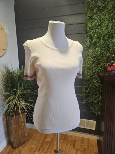 Neu Damenpullover groß Kurzarm elfenbeinfarben Oberteil mit Streifendetail (mein) - Bild 1 von 9