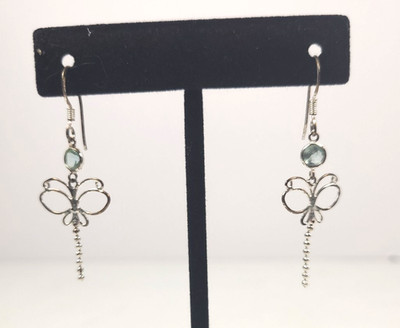Sterling Silver Aquamarine Dragonfly Dangle Hook Earrings