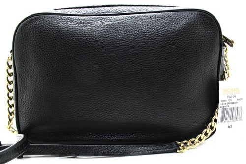 NWT Authentic MICHAEL KORS FULTON Large East West Leather Crossbody Black/Gold - Picture 2 of 5