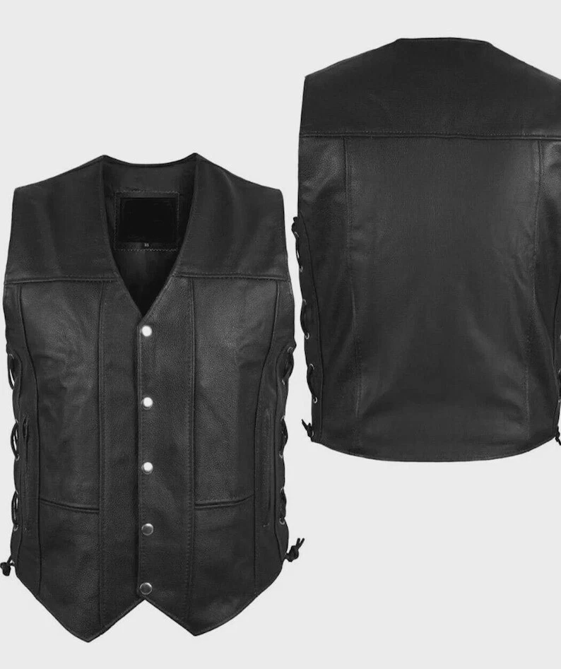 Men’s Motorcycle Biker Real Cowhide Black Leather Riding 10 Pockets Vest