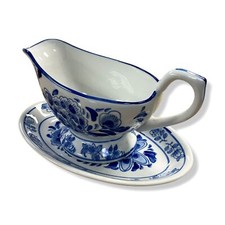 $31 Neiman Marcus Assorted Blue & White Porcelain Gravy Boat & Stand Set
