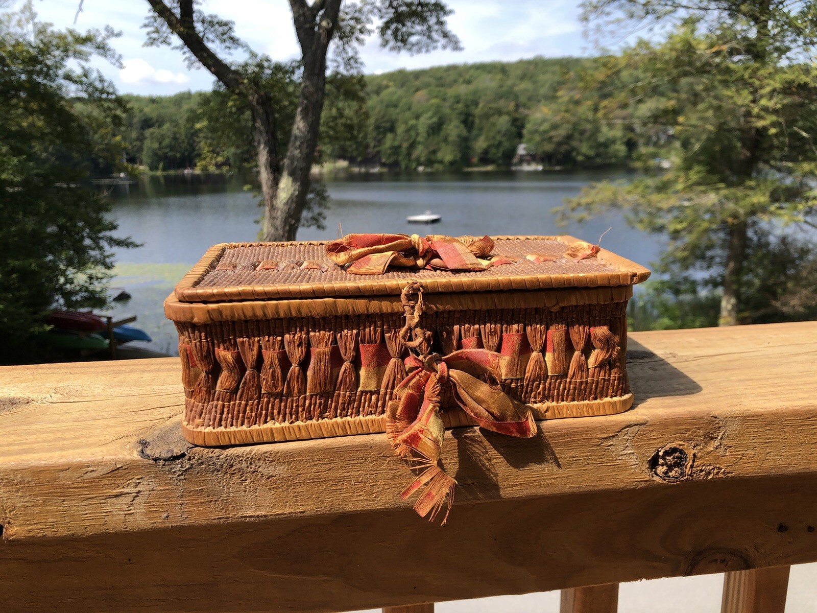 Beautiful antique Shaker sewing basket with ribbon eBay