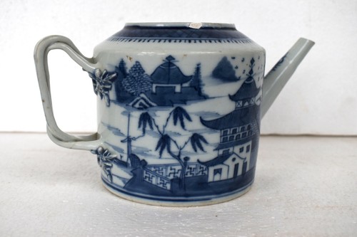 Antique Blue And White Chinese Teapot Long Spout With Hand Painted Scenic Design - Picture 7 of 16