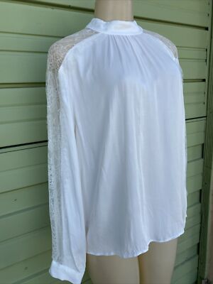 New ZARA WHITE COMBINED LACE CONTRAST BLOUSE lace  STAND COLLAR Medium b872