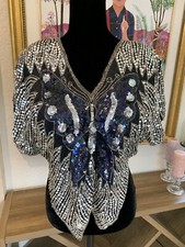 VTG Butterfly Sequin Beads Blouse M 6 8 Black Silver Purple Silk Top Shirt 60s