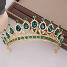 Green emerald Crown Tiara real metal gift birthday diadem bridal gold wedding