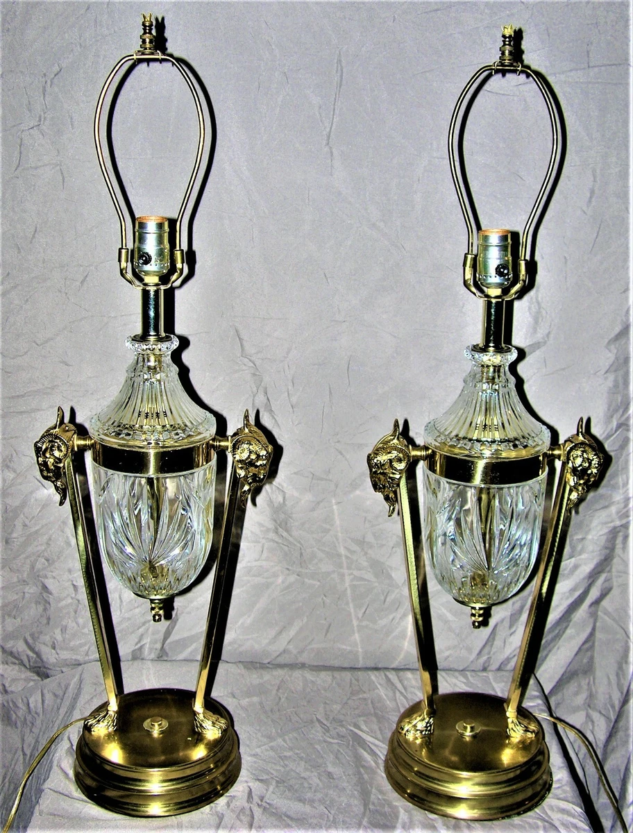 UNIQUE CRYSTAL AND BRASS TABLE LAMPS W RAMS HEAD FINIALS