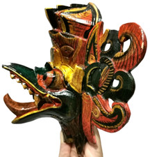 Wood Carved Mask Tiki Decor Statue Wall Garuda Bird Bali Room Painting Green
