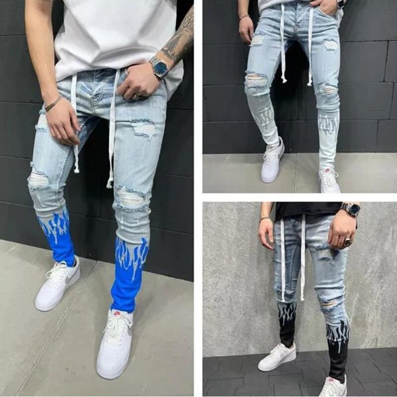 Washed Solid Patch Jeans, Men's Casual Street Style Distressed Slim Fit High Stretch Denim Spring Summer Jeans Pants, Trousers,Casual,Temu