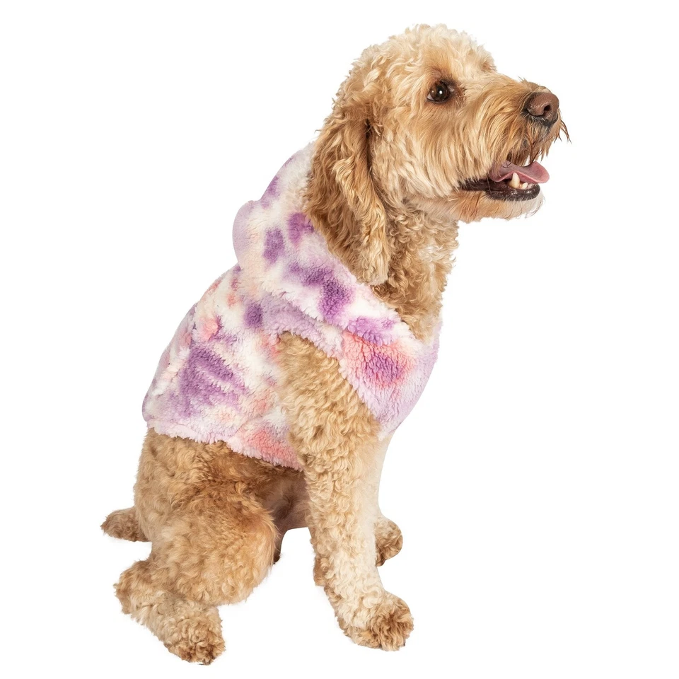 Justice Hoodie Dog Cat Pet Small Tie Dye Sherpa Sweater Clothes Zippered Pocket - Image 4 of 4