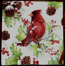 CARDINAL PINE CONES HOLLY WINTER 2 Individual Paper BEVERAGE Napkins Decoupage