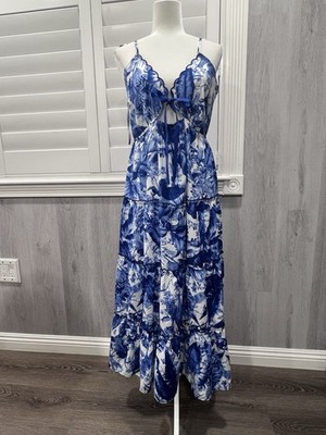 Francesca s Blue White Tropical Tiered Maxi Dress Scallop Trim Bow L Resort NWT