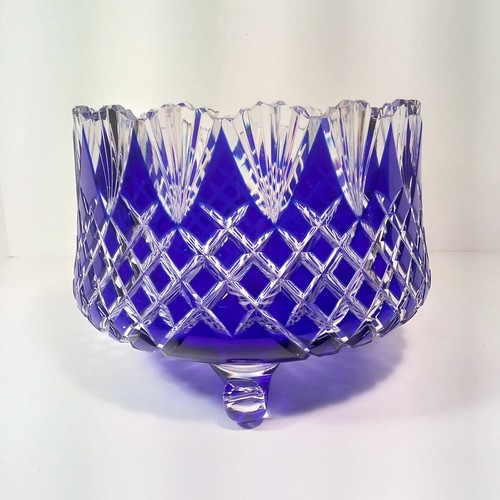 Bohemian Cobalt Blue Cut To Clear Crystal 9.5"x 6 3/4" Sawtooth 3 Footed Bowl - Picture 8 of 24