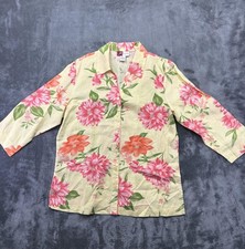 JM Collection Blouse Womens 12 Yellow Floral Linen Tunic 3/4 Sleeve Button Front