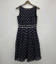 New Talbots Fit Flare Midi Dress Pleated Navy Blue White Polka Dots Size 2 Pinup
